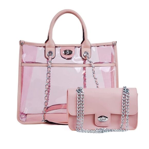 Large Clear Tote Bag Set Pink - Picture 1 of 6